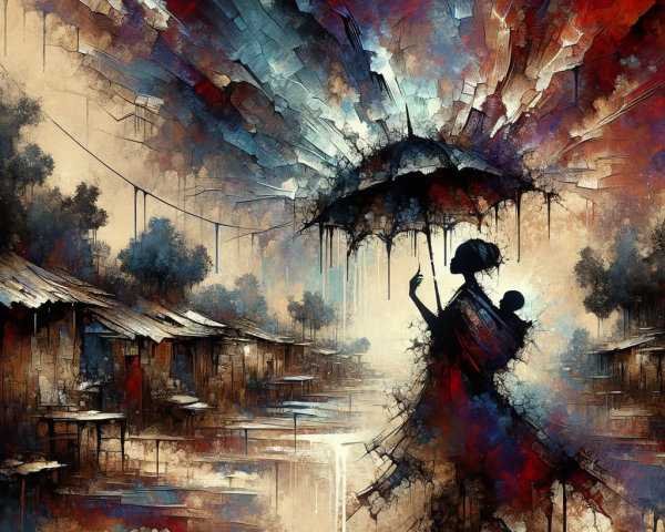 Silhouetted Figure with Child in Colorful Abstract Scene