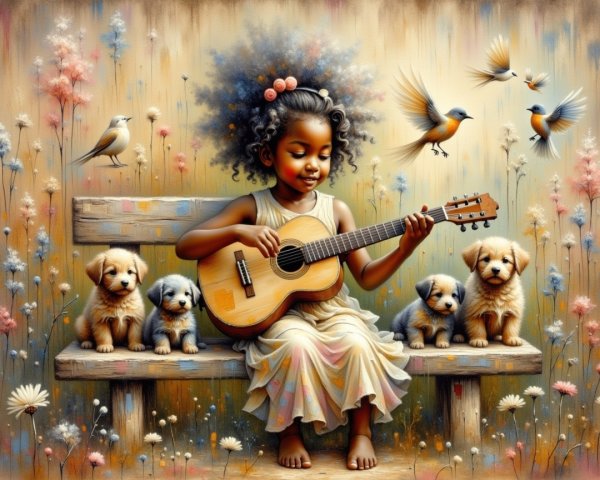 Young girl with guitar surrounded by puppies and birds