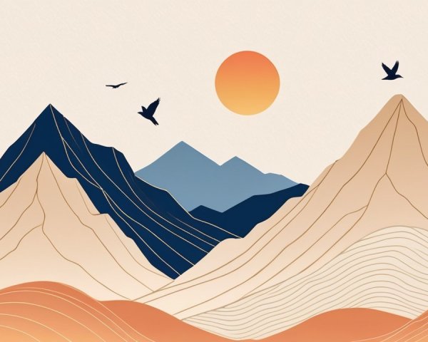 Stylized Landscape with Mountains and Sunset Glow