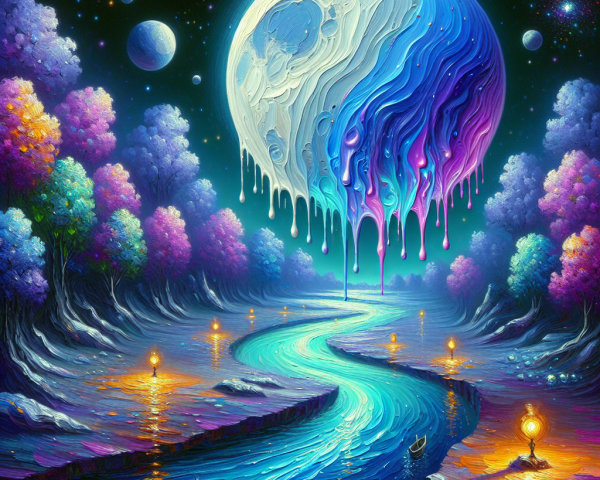 Surreal Landscape with River and Luminous Moon