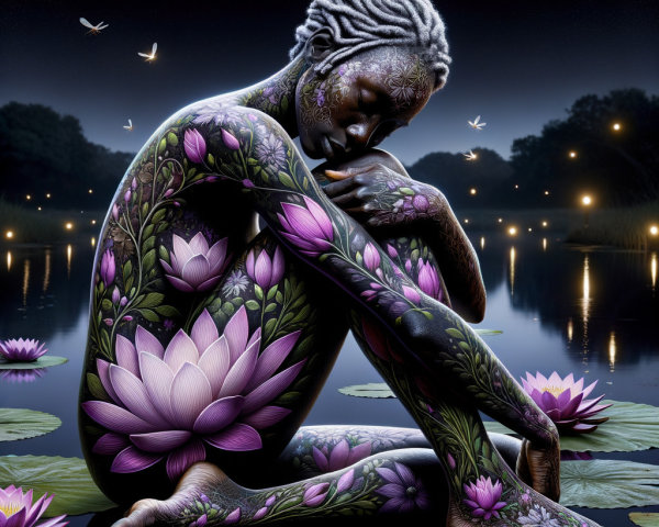 Serene Figure by Tranquil Lake with Floral Tattoos
