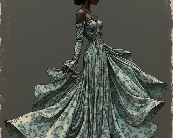 Elegant Flowing Dress with Floral Patterns and Textures