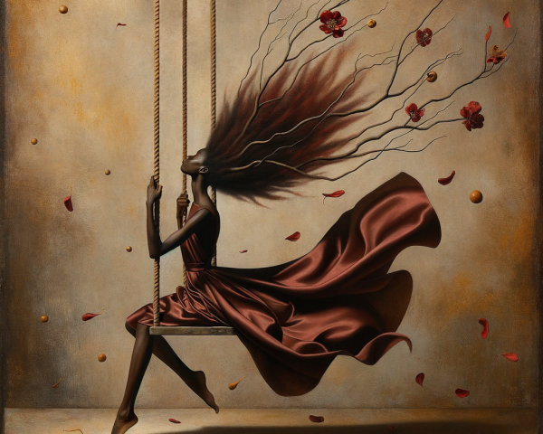 Graceful Figure on Rope Swing Amidst Blossoms