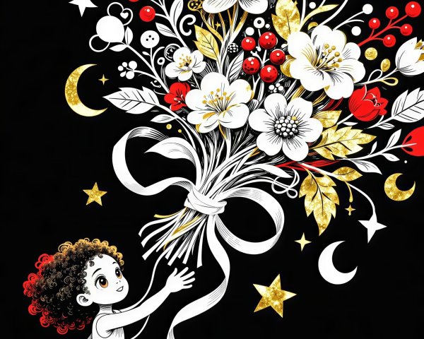 Stylized Illustration of a Girl with Floating Bouquet