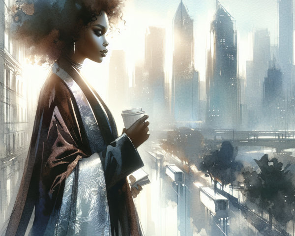 Stylish Woman with Afro Contemplates City Skyline