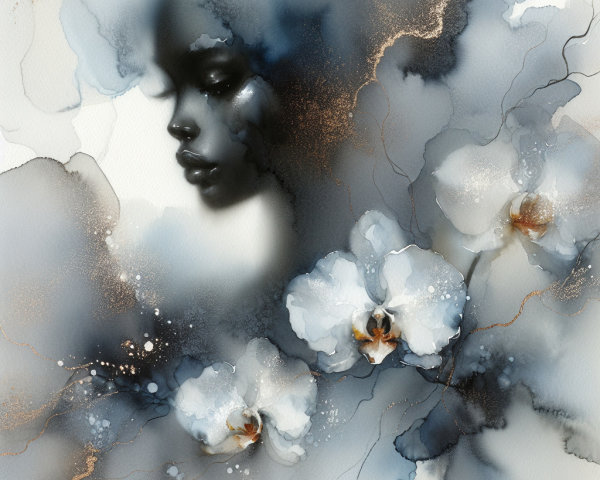 Abstract Silhouette of Woman's Face with Orchids