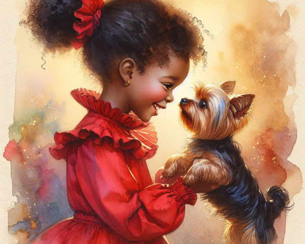 Young girl in red dress joyfully holds Yorkshire Terrier