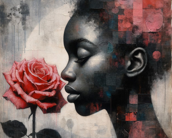 Profile of a Young Girl with a Red Rose Background