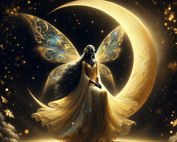 Ethereal fairy on crescent moon with shimmering stars