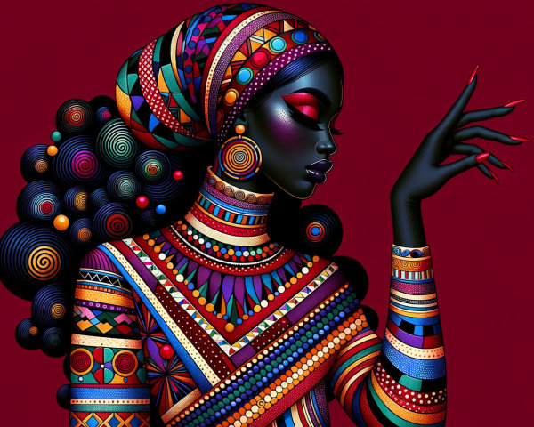 Vibrant Figure with Intricate Patterns Against Red Background