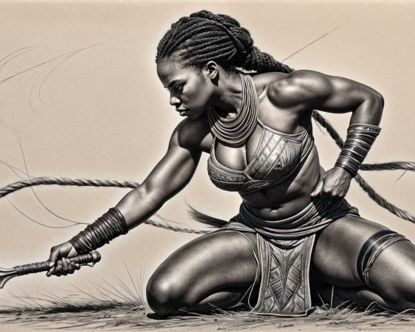Female Warrior in Armor with Spear in Dynamic Pose