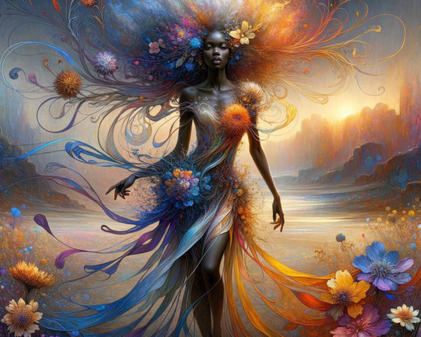 Mystical Figure Surrounded by Floral Patterns and Colors