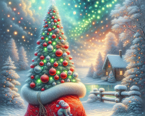 Christmas Tree in Snowy Landscape with Cabin and Lake