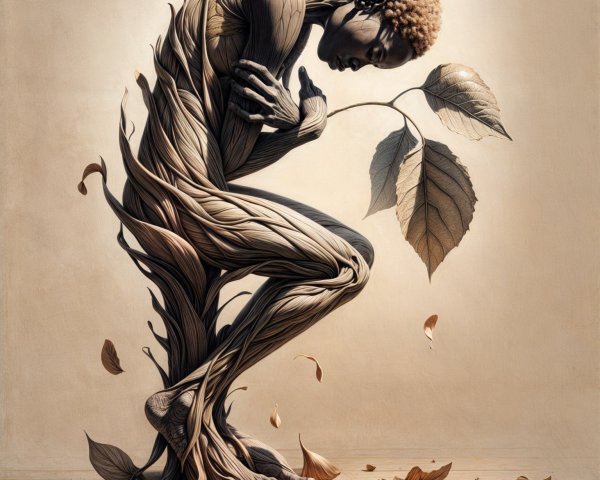 Human Figure Intertwined with Wooden Vines and Leaves