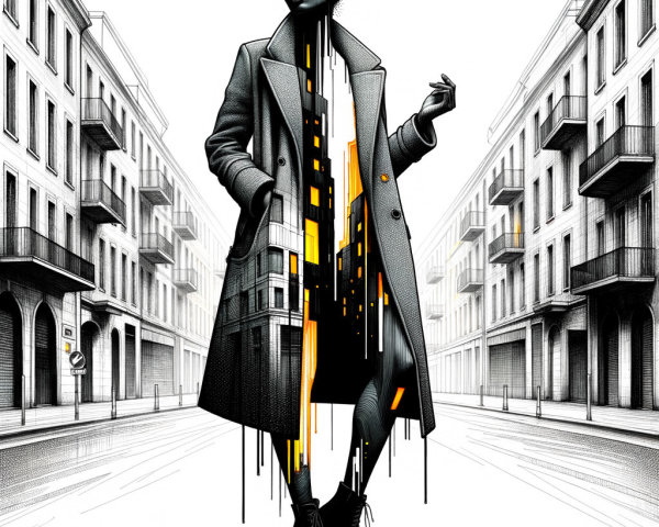 Woman in Overcoat with Cityscape on Street