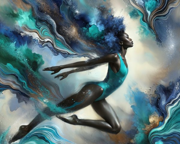 Dancer in Turquoise Amidst Vibrant Abstract Waves