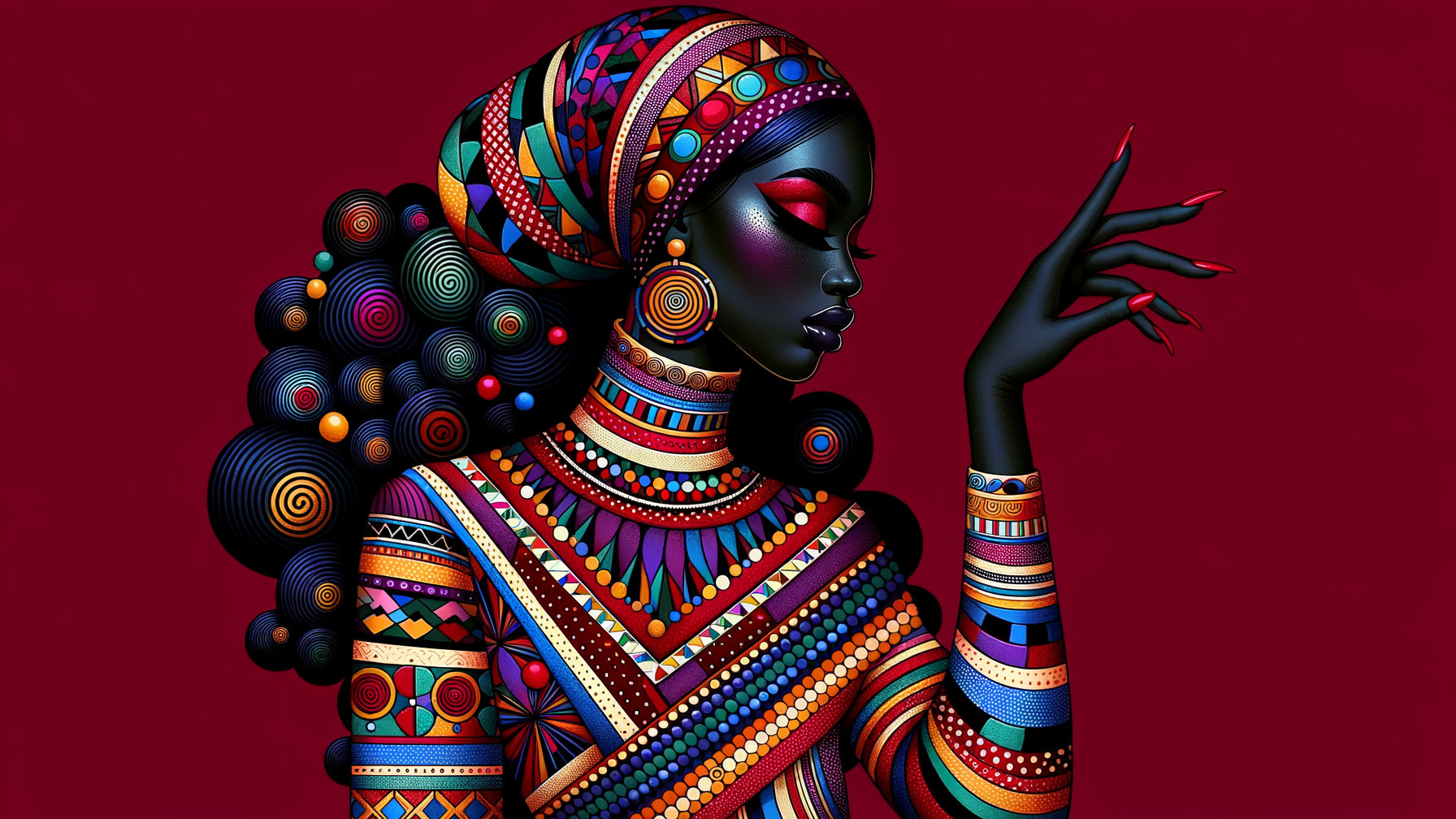 Vibrant Figure with Intricate Patterns Against Red Background