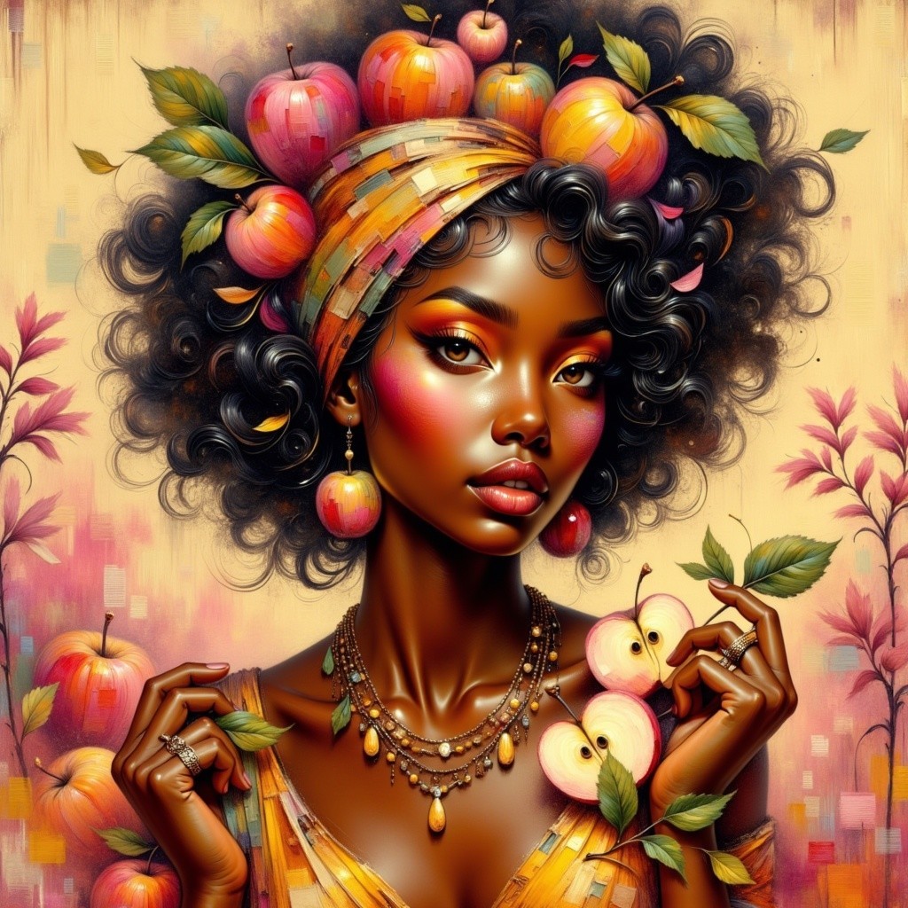 Vibrant Illustration of a Young Woman with Apples