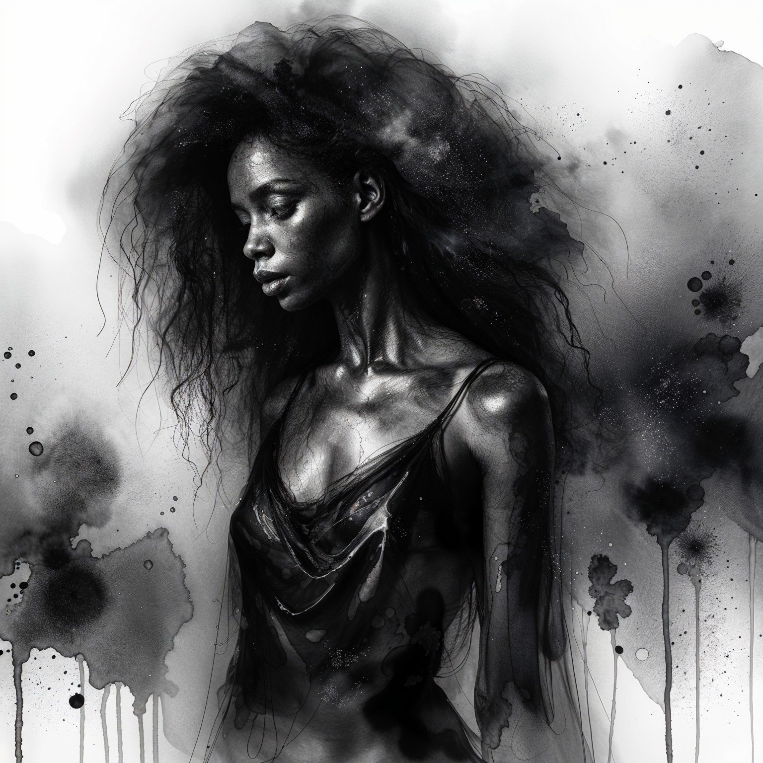 Black and White Watercolor Portrait of a Woman