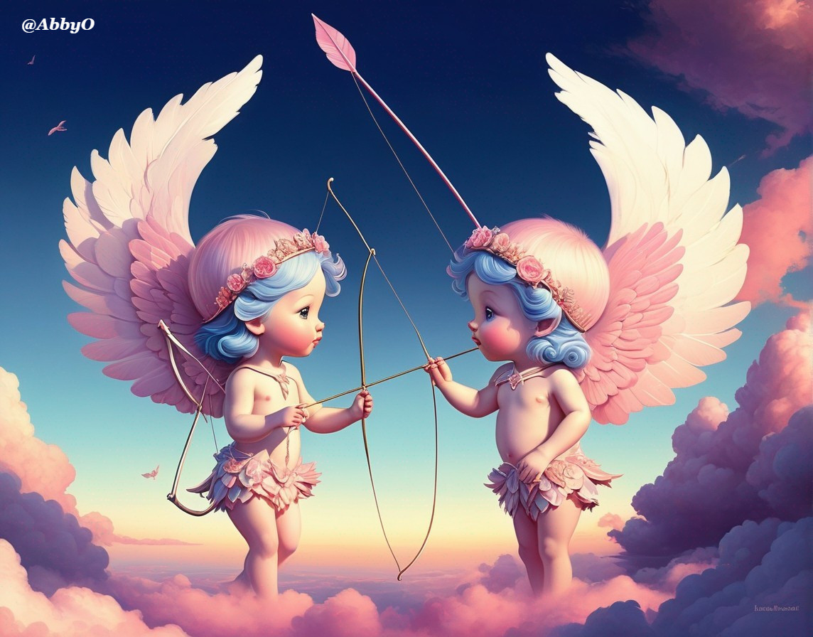 Cherubic Figures with Bow and Arrow in Pink Clouds