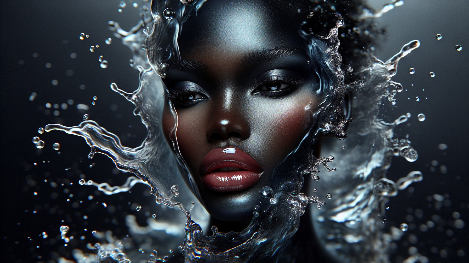Portrait of a woman with dark skin and water splashes