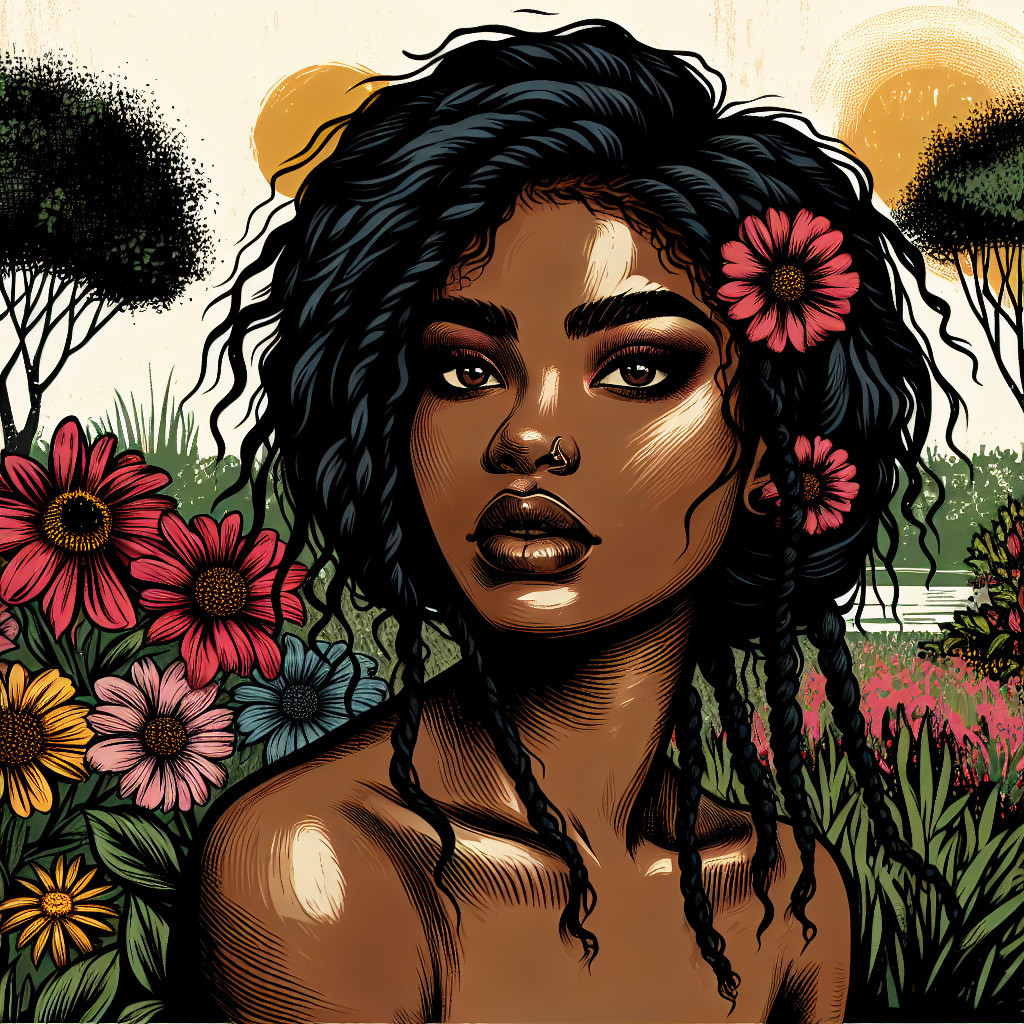 Beautiful Woman with Curly Hair and Floral Surroundings
