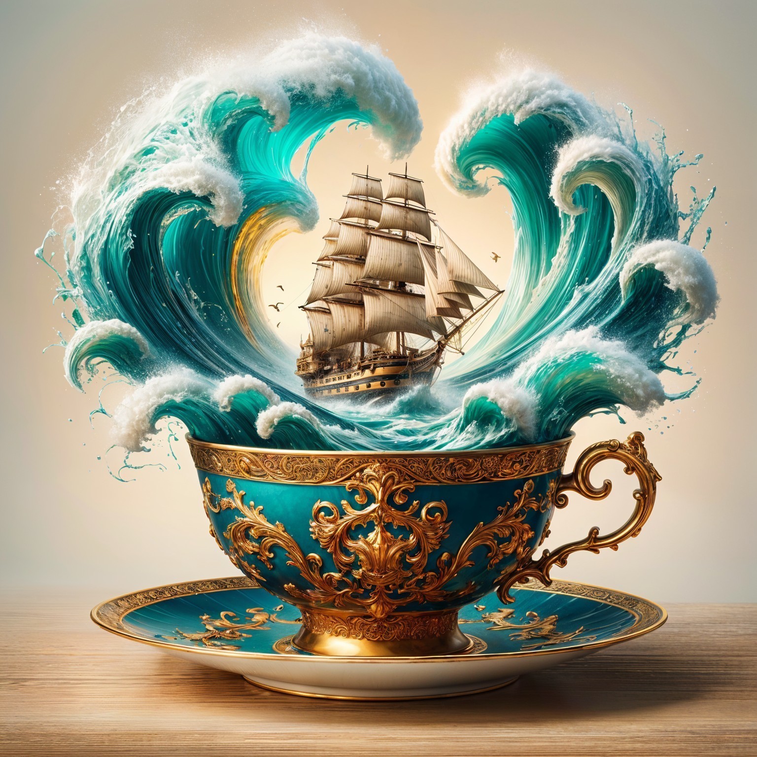 Intricate Teacup with Turquoise Waves and Sailing Ship