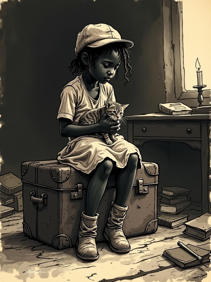 Young girl with cat on suitcase in candlelit room