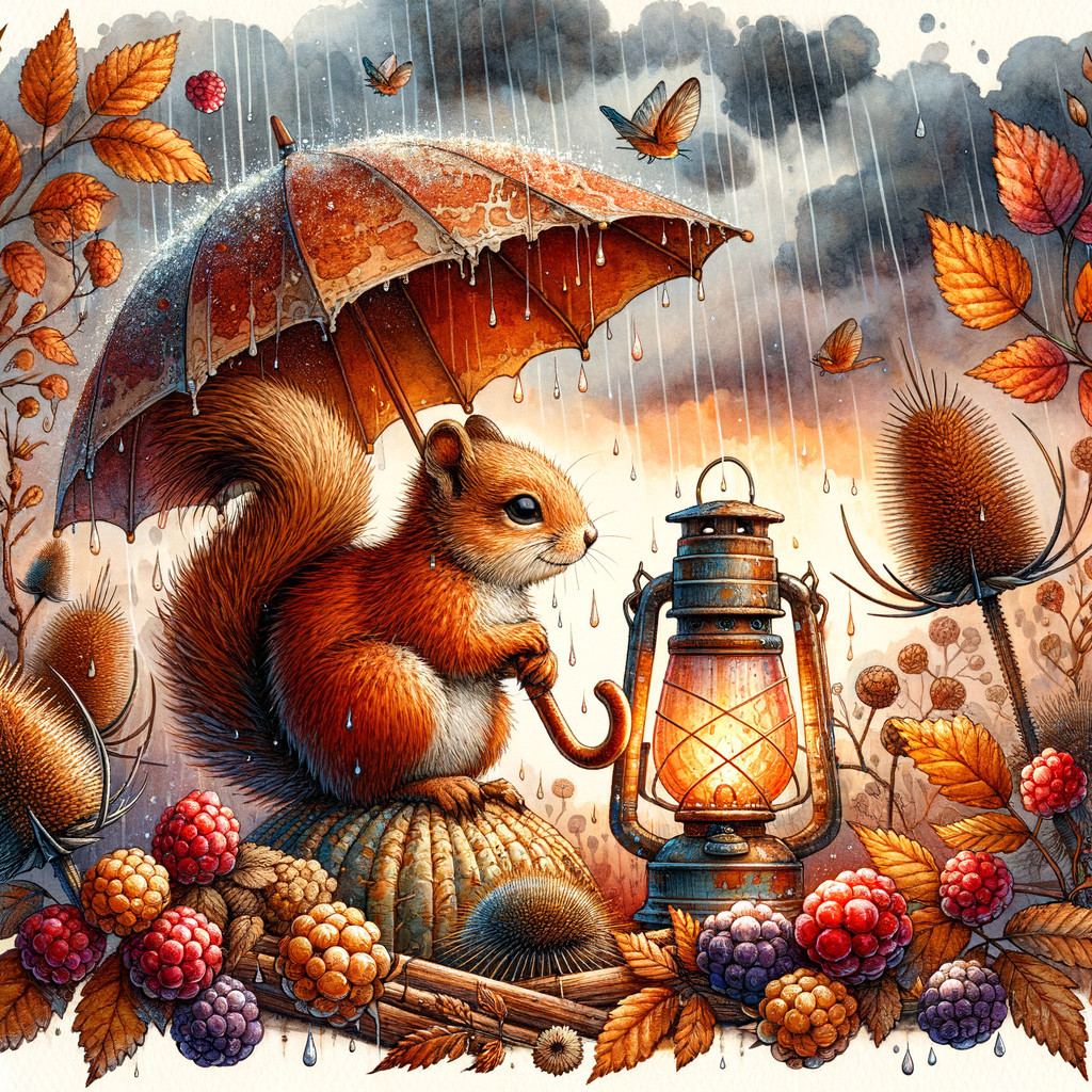 Squirrel Under Umbrella in Cozy Autumn Scene