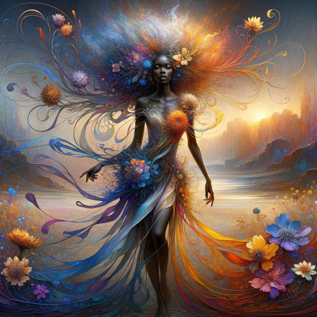 Mystical Figure Surrounded by Floral Patterns and Colors