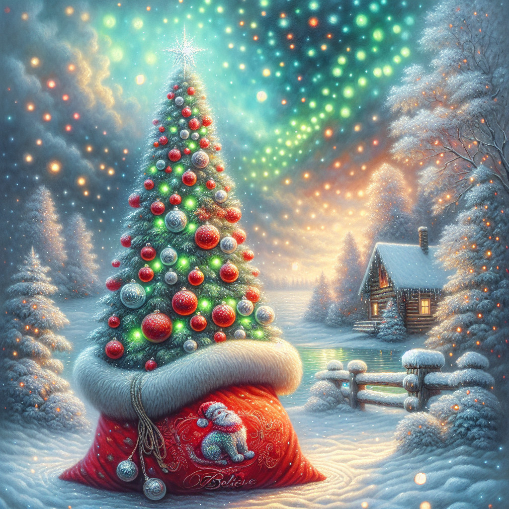 Christmas Tree in Snowy Landscape with Cabin and Lake