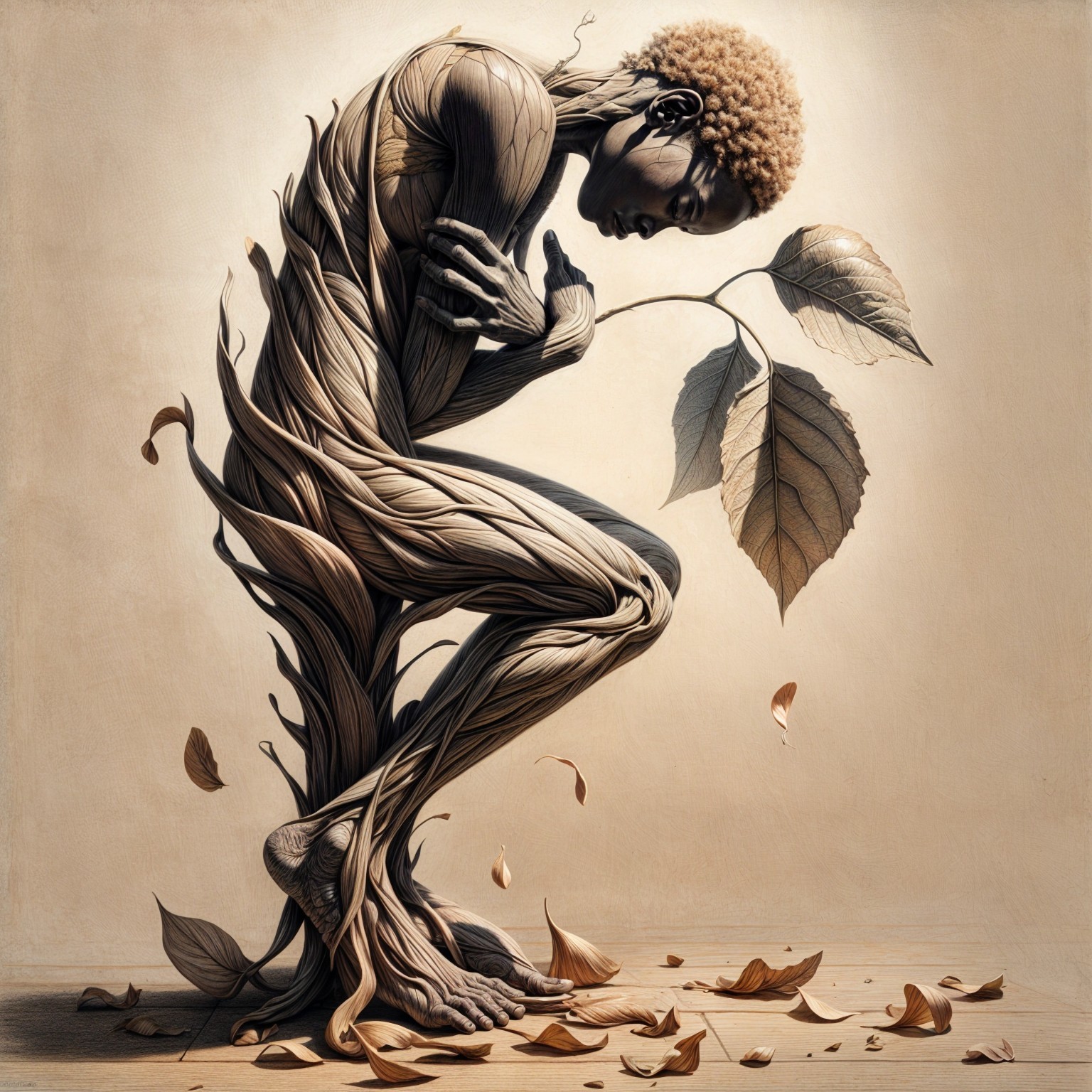 Human Figure Intertwined with Wooden Vines and Leaves
