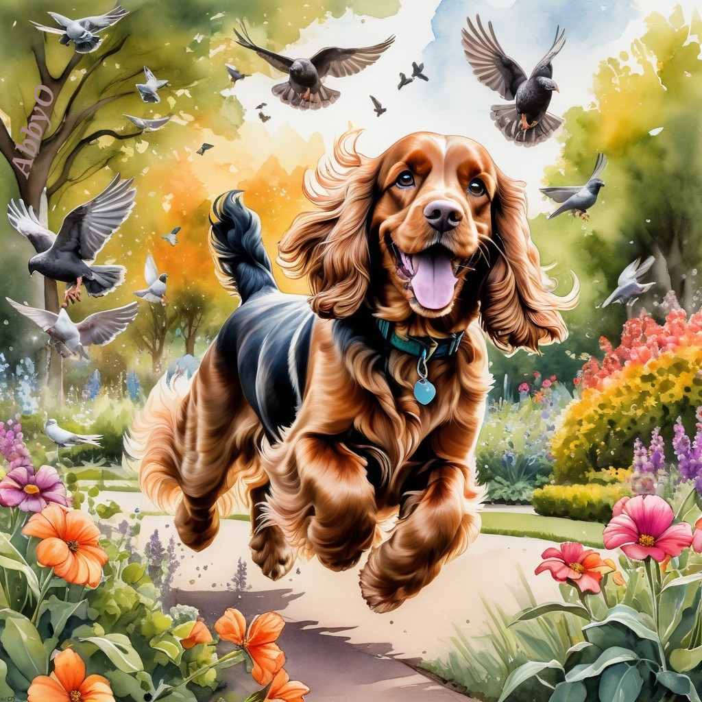 Cocker Spaniel in a Colorful Flower Garden Scene
