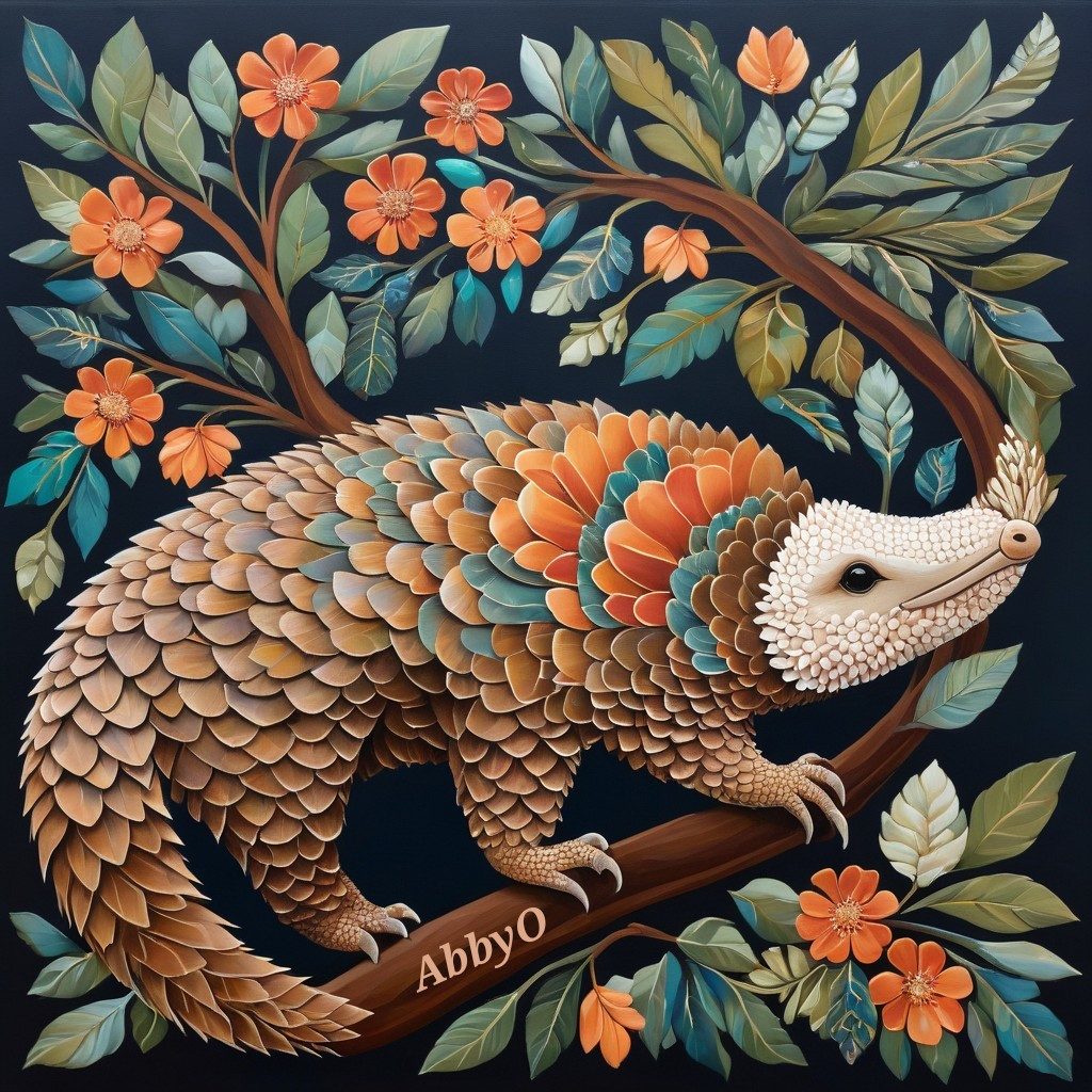 Stylized Pangolin on Branch with Lush Flora
