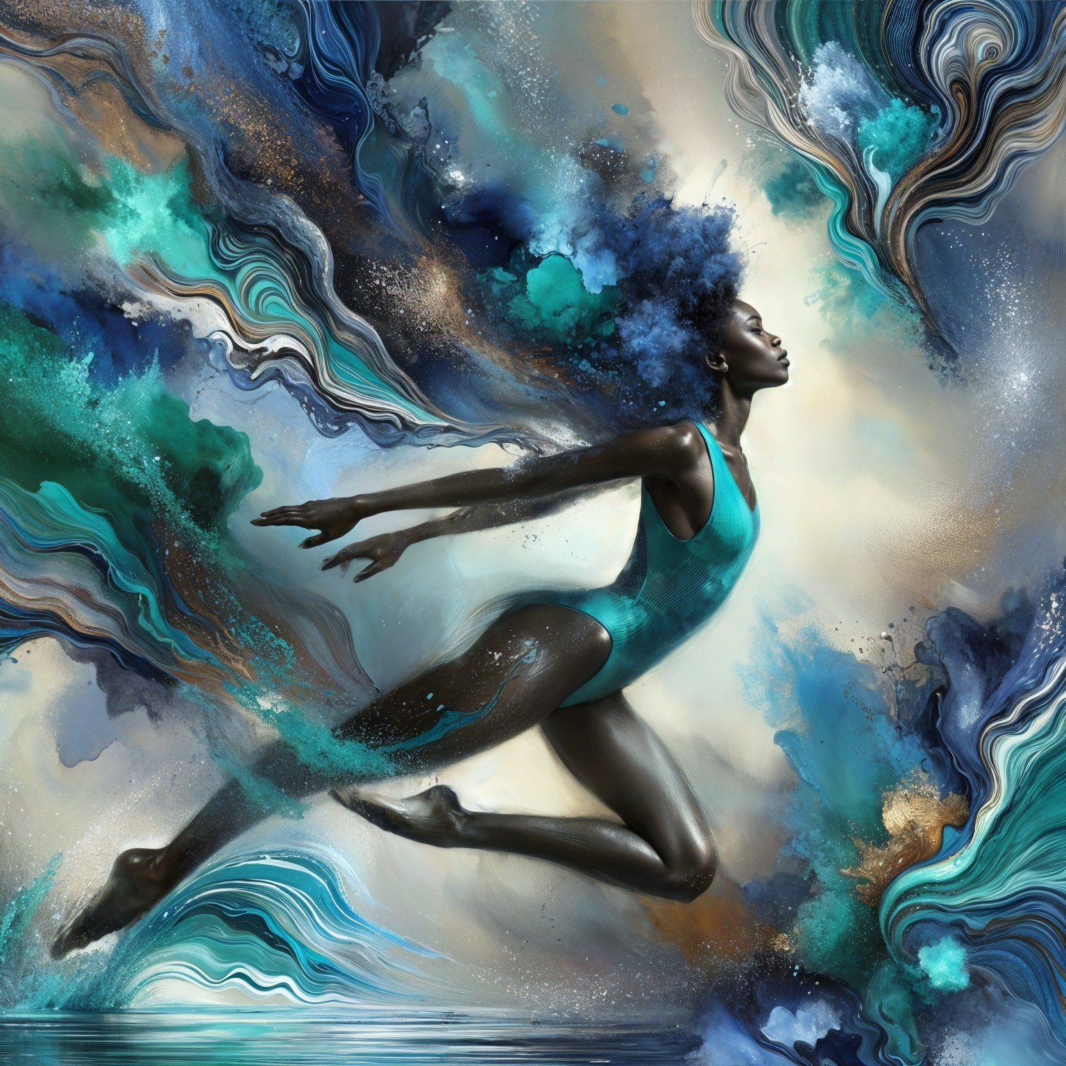 Dancer in Turquoise Amidst Vibrant Abstract Waves