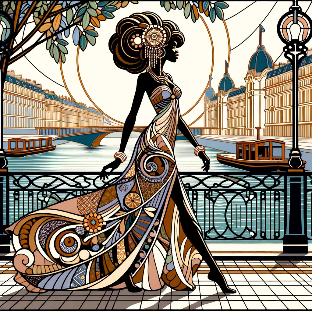 Silhouette of Woman in Ornate Dress by River Scene