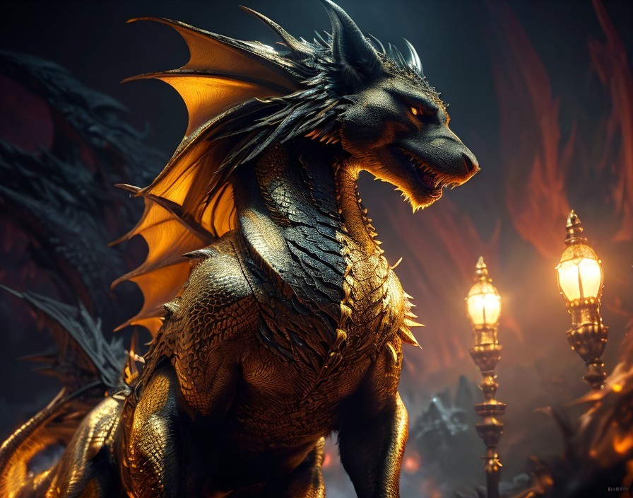 Black Dragon with Gleaming Scales in Fiery Setting and Ornate Lanterns