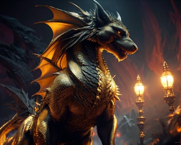 Black Dragon with Gleaming Scales in Fiery Setting and Ornate Lanterns