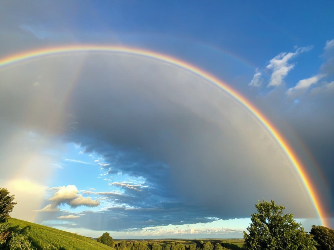 Vibrant Rainbow Over Lush Green Countryside Scene