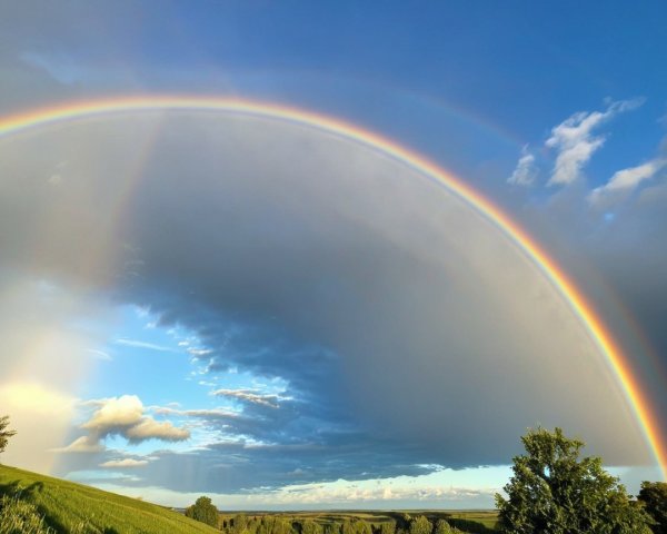 Vibrant Rainbow Over Lush Green Countryside Scene