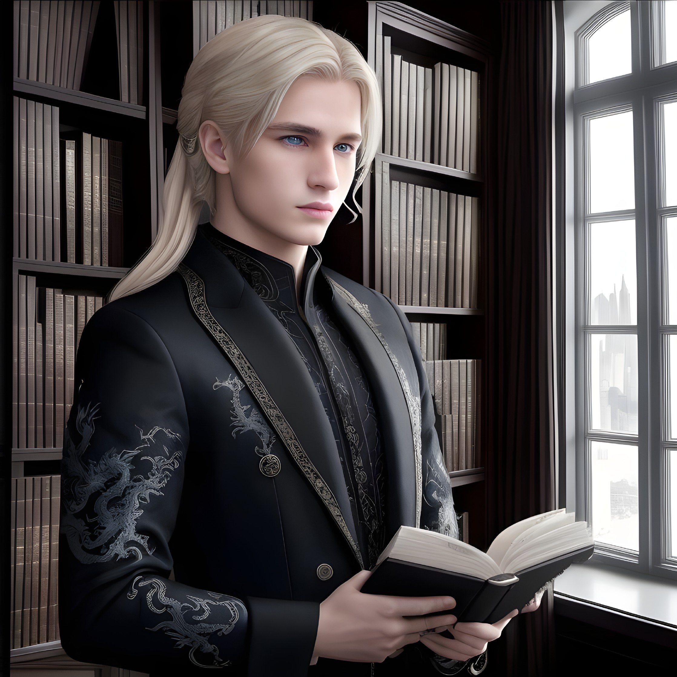 Man with Long Blonde Hair Holding a Book by Bookshelf
