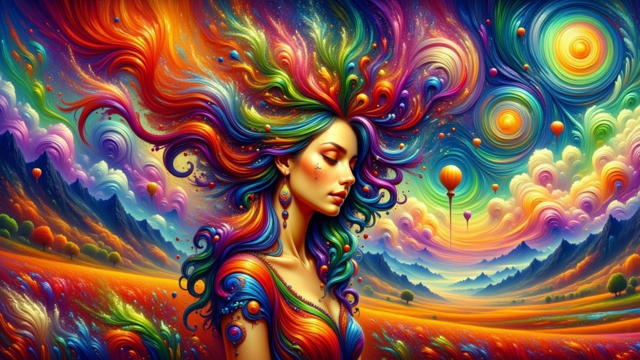 Surreal Landscape with Multicolored Hair and Orbs