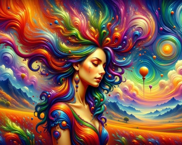 Surreal Landscape with Multicolored Hair and Orbs