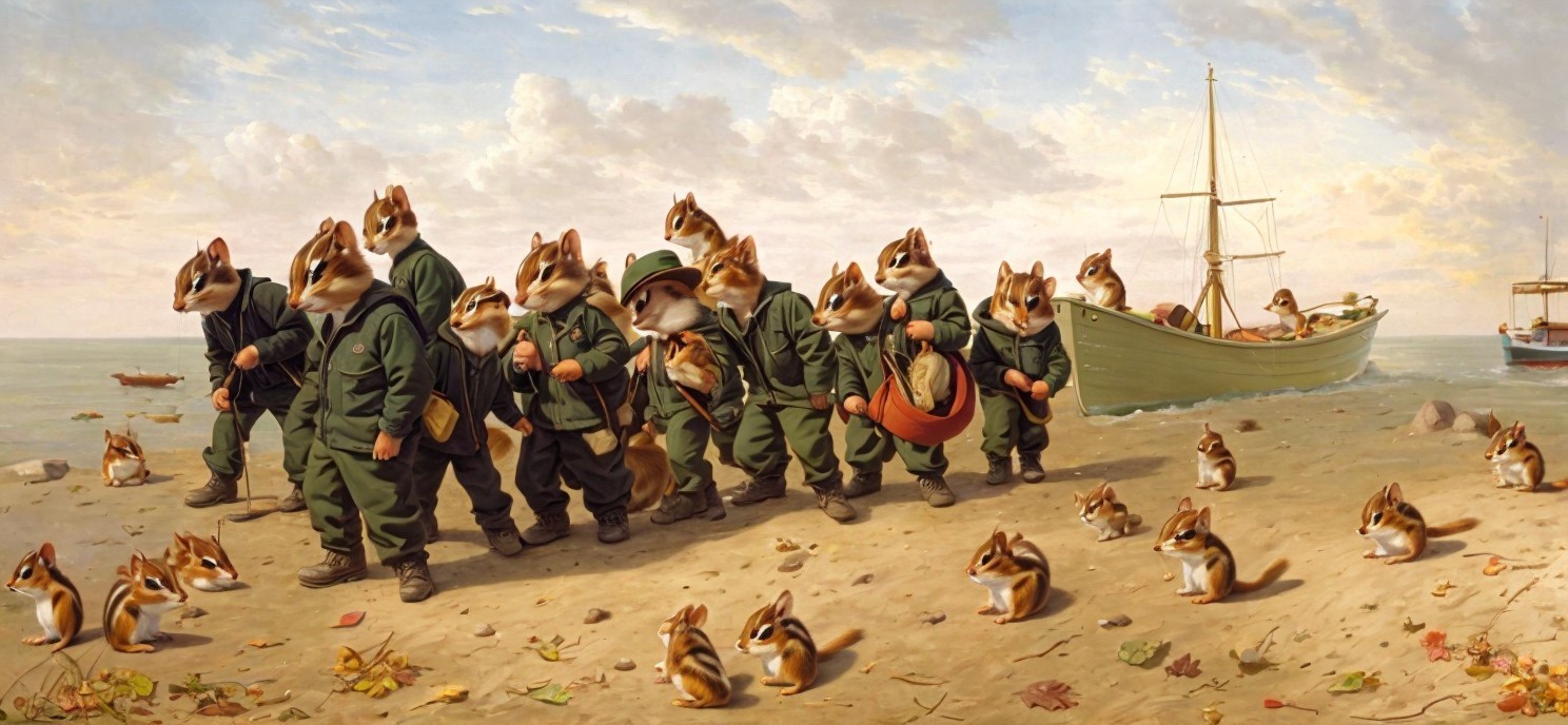 Military Uniformed Anthropomorphic Chipmunks Marching on Beach
