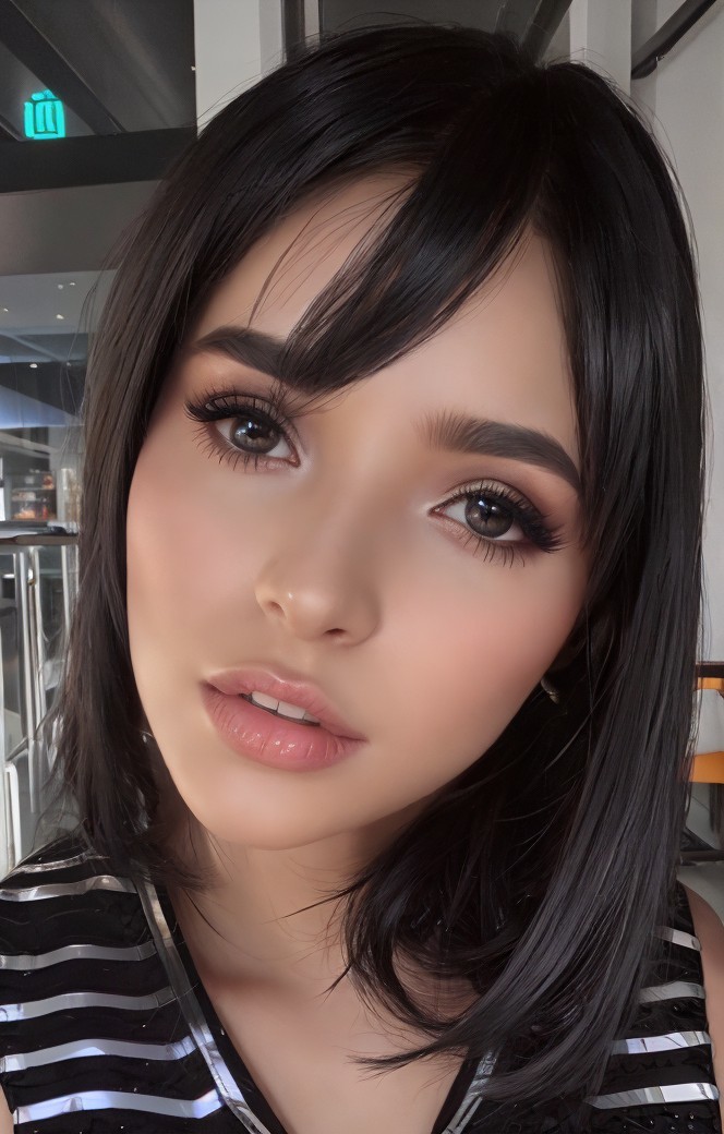Person with shoulder-length black hair and bangs, brown eyes, makeup, striped garment, indoors,