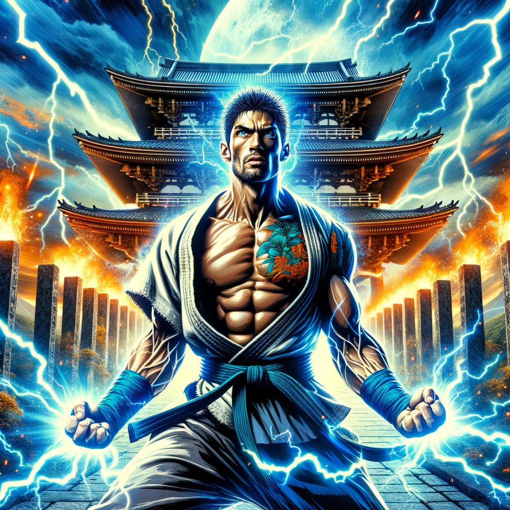 Muscular Warrior Surrounded by Blue Lightning and Pagoda