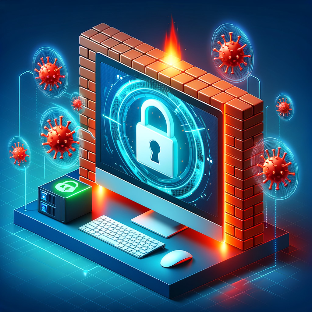 Cybersecurity Concept with Computer and Protection Symbols