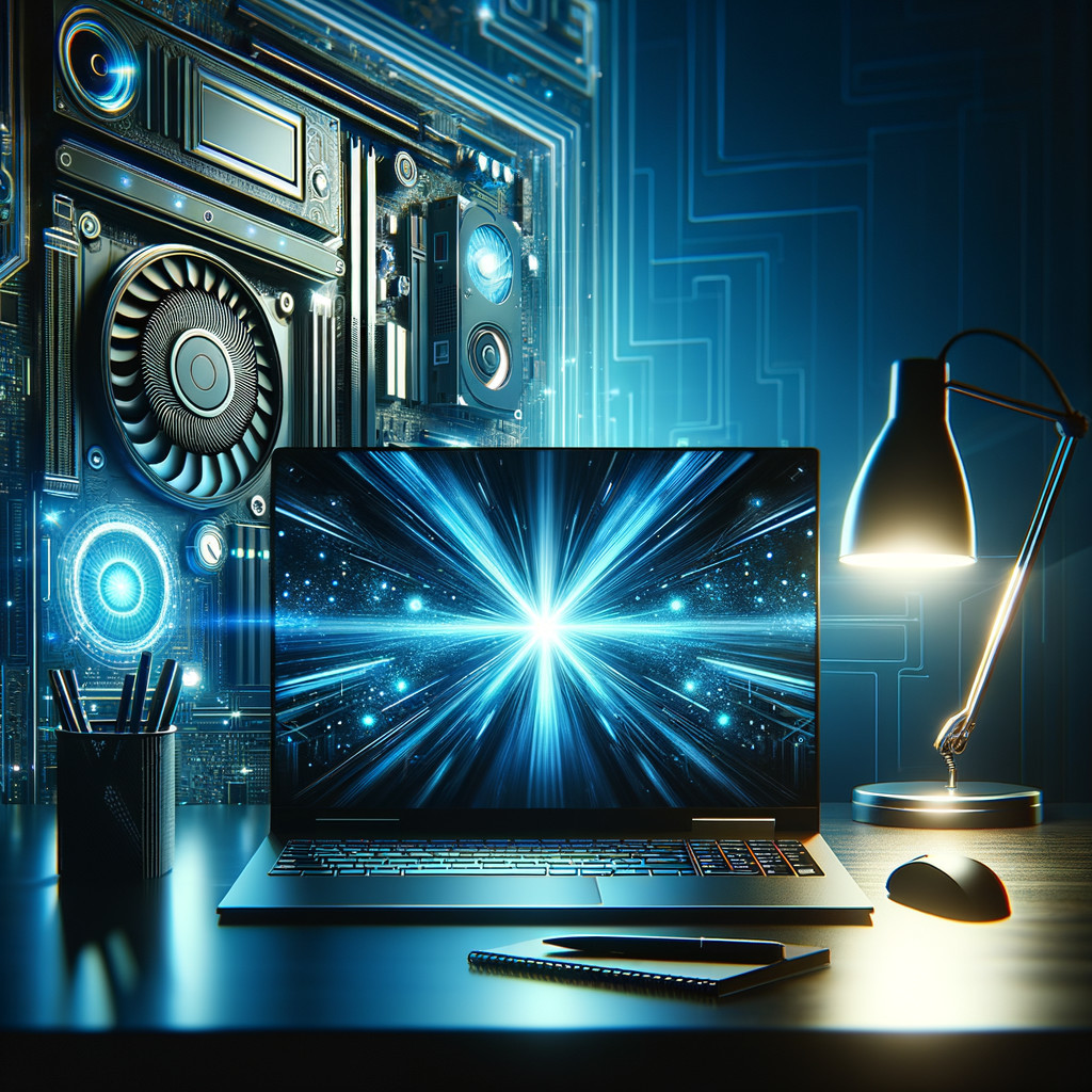 Sleek Laptop on Modern Desk with Futuristic Backdrop