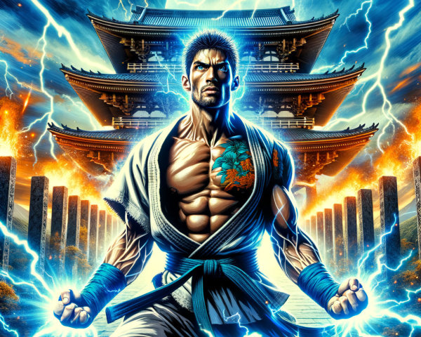 Muscular Warrior Surrounded by Blue Lightning and Pagoda