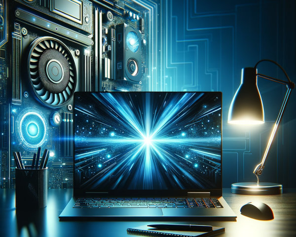 Sleek Laptop on Modern Desk with Futuristic Backdrop